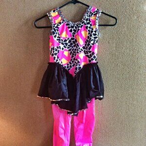 Girls Dance Costume Childs Large Pink Black Leopard Jazz Tap Outfit